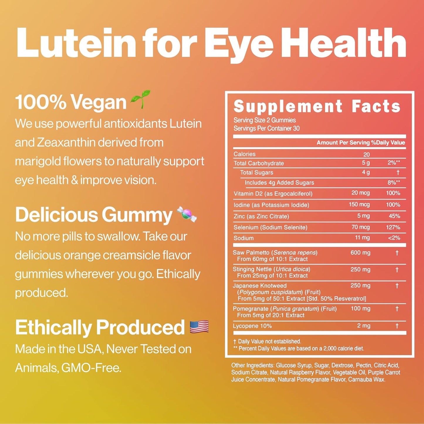 60-Count Lutein and Marigold Flower Vision Support Gummies for Healthy Eyes