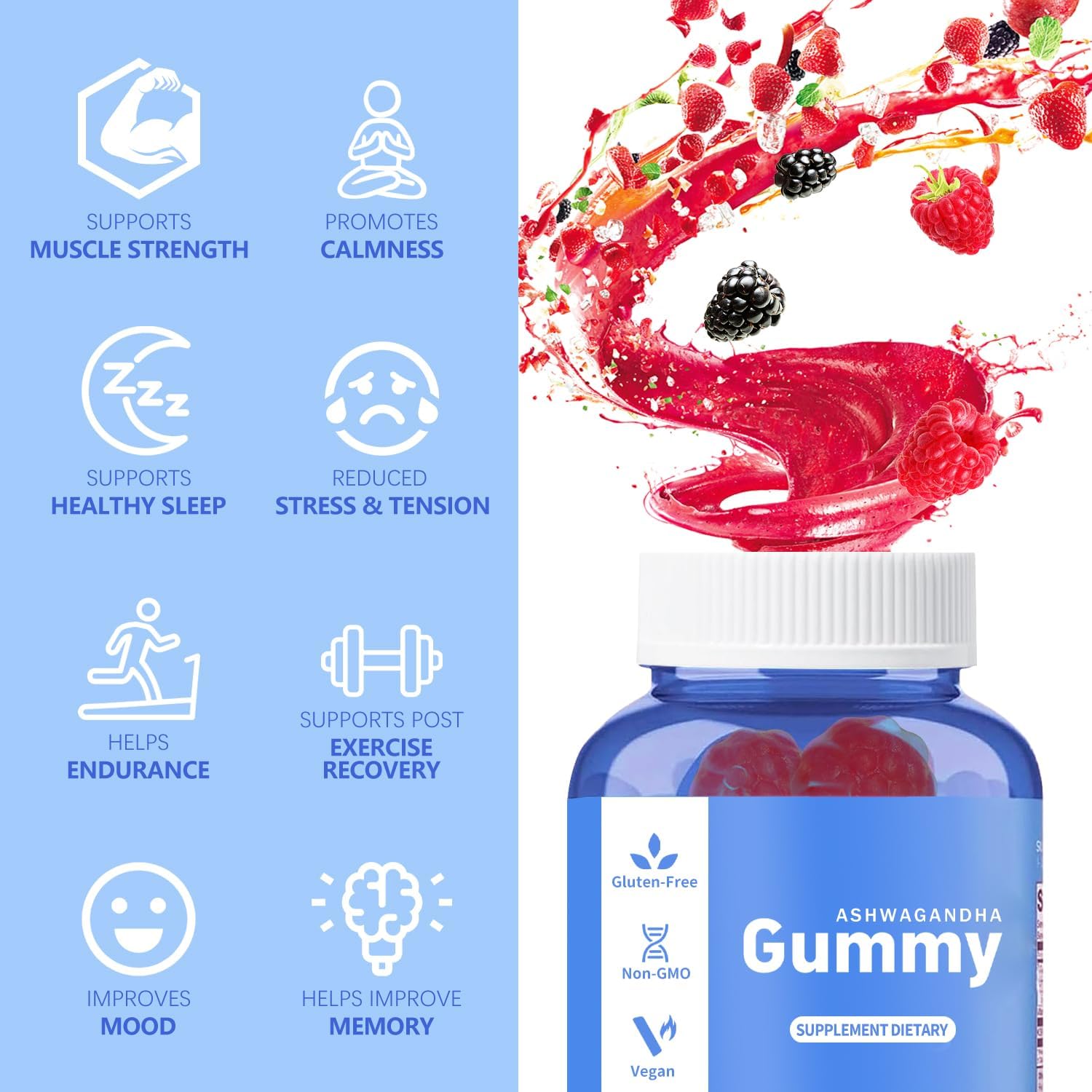 60 Count Mixed Berry Ashwagandha Gummies - Vegan, Non-GMO, Gluten-Free, Gelatin Free, Relaxation Support with KSM-66