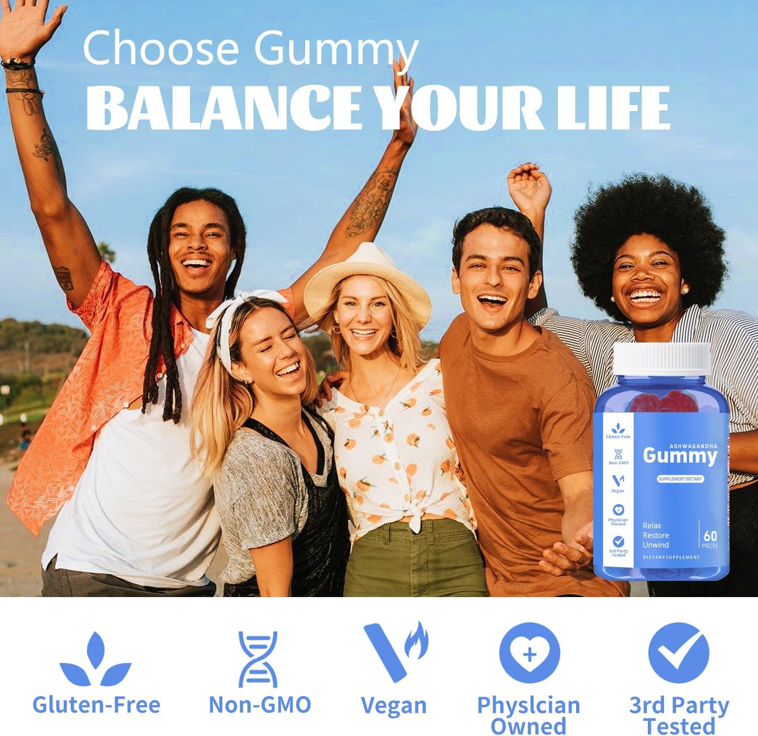 60 Count Mixed Berry Ashwagandha Gummies - Vegan, Non-GMO, Gluten-Free, Gelatin Free, Relaxation Support with KSM-66