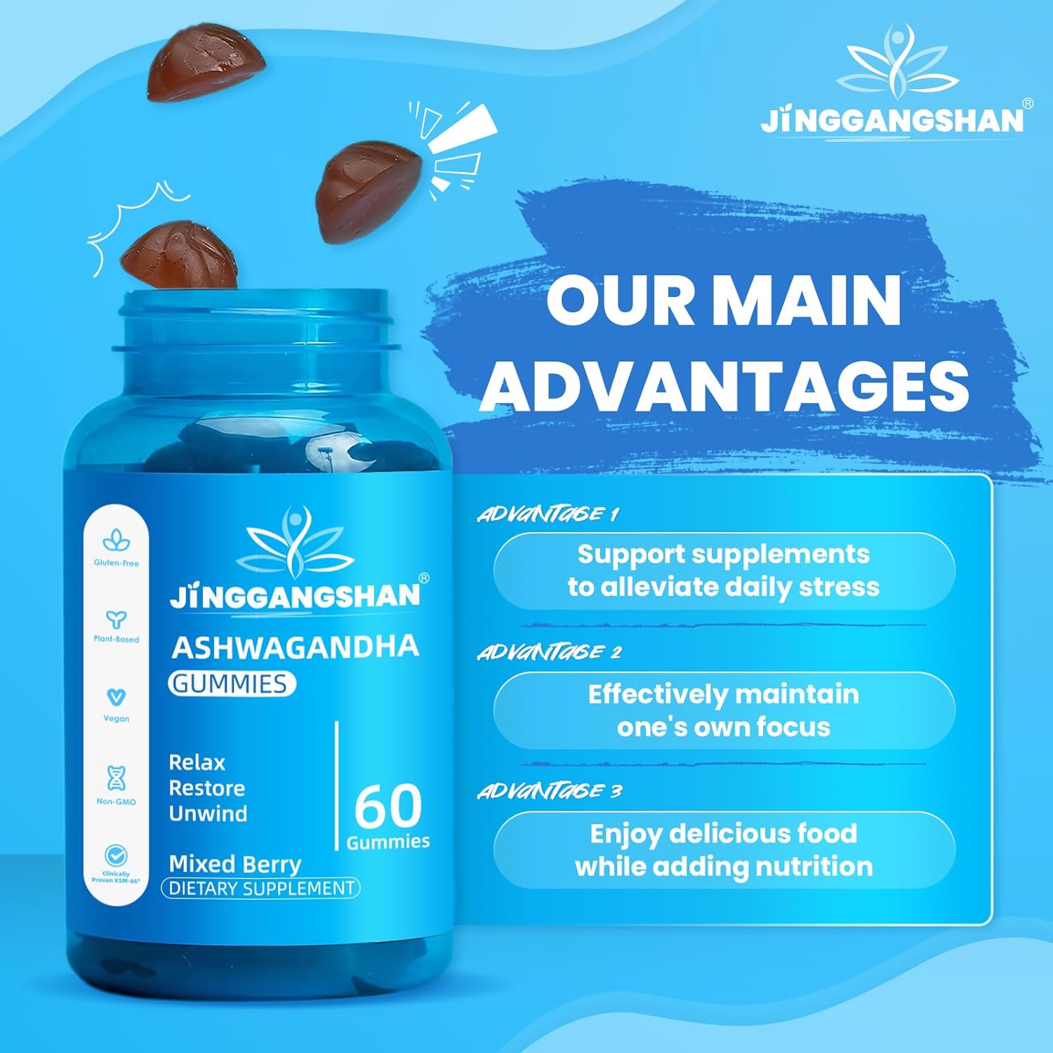 60 Count Mixed Berry Ashwagandha Gummies KSM-66 - Vegan & Gluten-Free Relaxation Supplement with Organic Ashwa Root Extract - Non-GMO & Plant Based for Immune Support