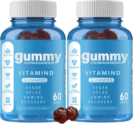 60 Count Mixed Berry Ashwagandha Vitamin D Gummies with KSM-66 - Vegan, Plant Based, Non-GMO, Gluten-Free & Gelatin Free Relaxation Supplement