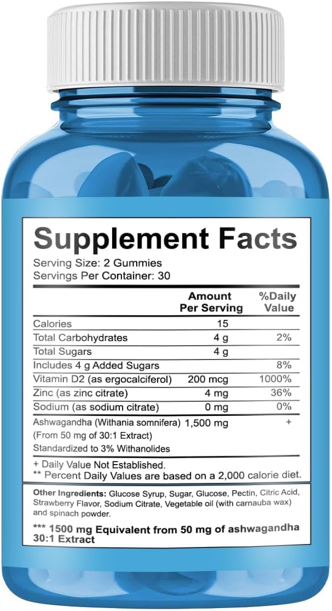 60 Count Mixed Berry Ashwagandha Vitamin D Gummies with KSM-66 - Vegan, Plant Based, Non-GMO, Gluten-Free & Gelatin Free Relaxation Supplement