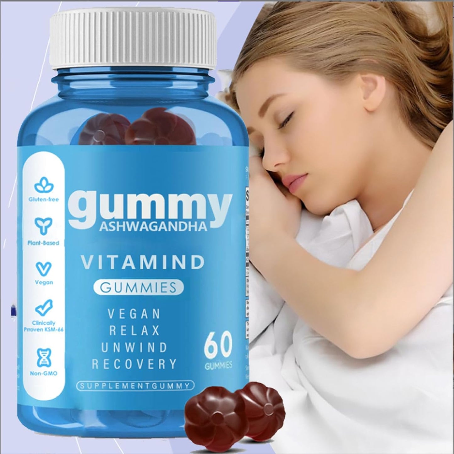 60 Count Mixed Berry Ashwagandha Vitamin D Gummies with KSM-66 - Yanjiayi Ashwagandha Gummy Supplements