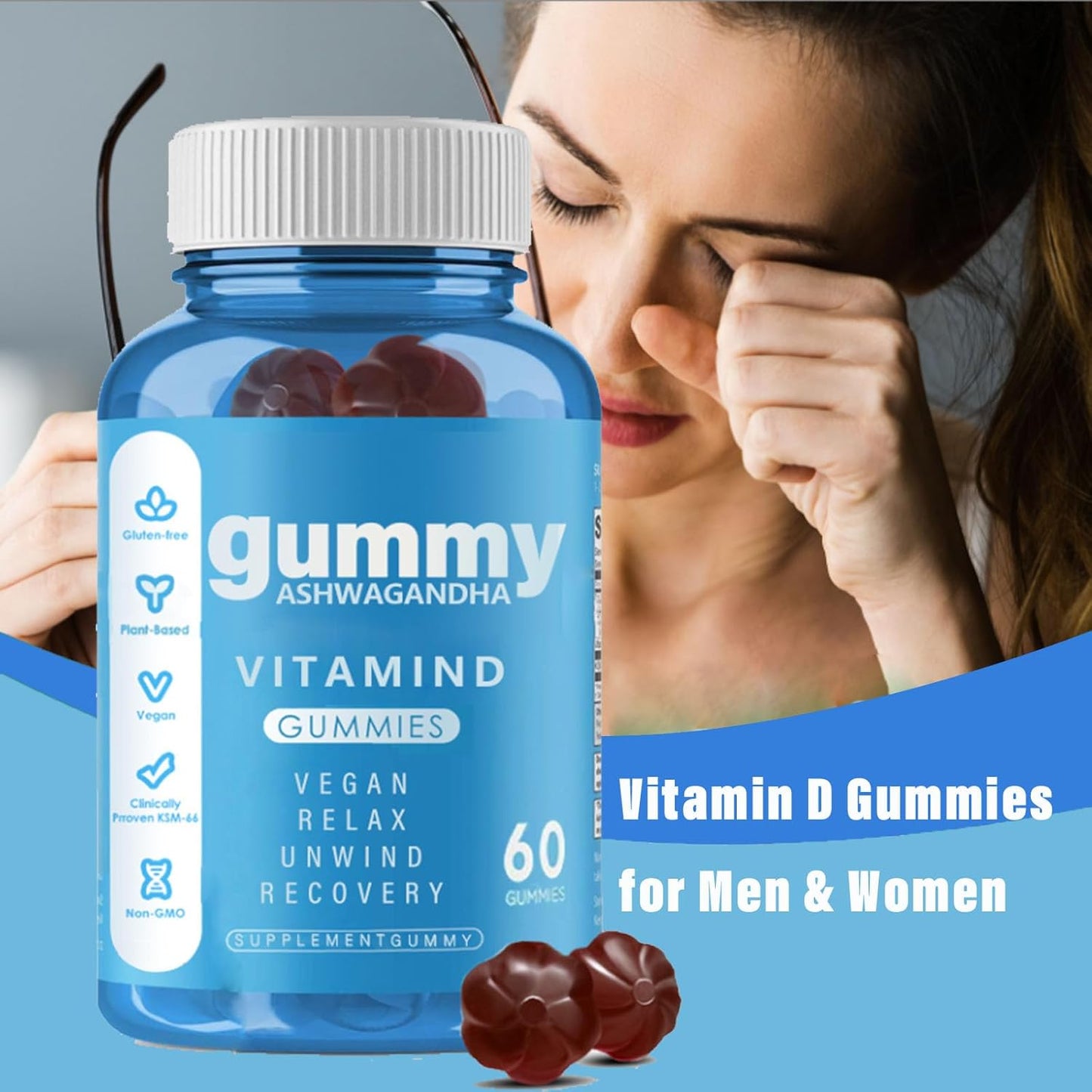 60 Count Mixed Berry Ashwagandha Vitamin D Gummies with KSM-66 - Yanjiayi Ashwagandha Gummy Supplements