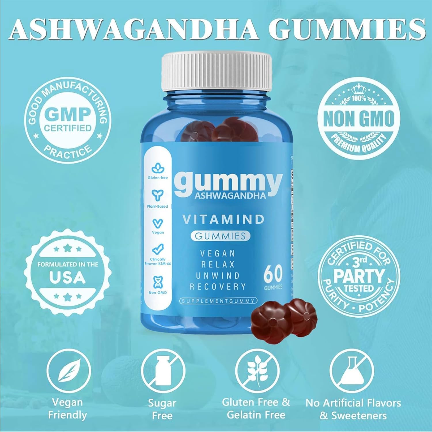 60 Count Mixed Berry Ashwagandha Vitamin D Gummies with KSM-66 - Vegan, Plant Based, Non-GMO, Gluten-Free & Gelatin Free Relaxation Supplement
