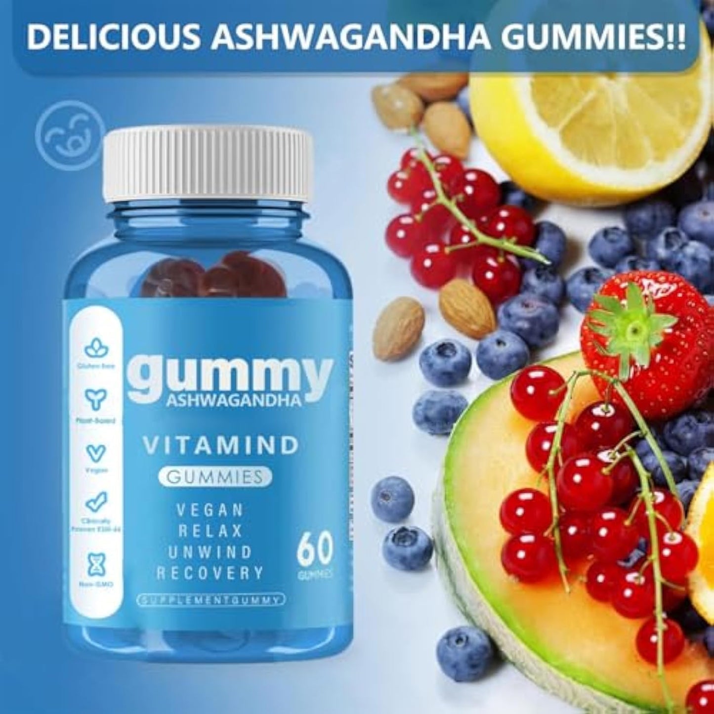 60 Count Nainur Ashwagandha Gummies with KSM-66 for Relaxation - Vegan, Plant Based, Non-GMO, Gluten-Free & Gelatin Free Mixed Berry Gummy