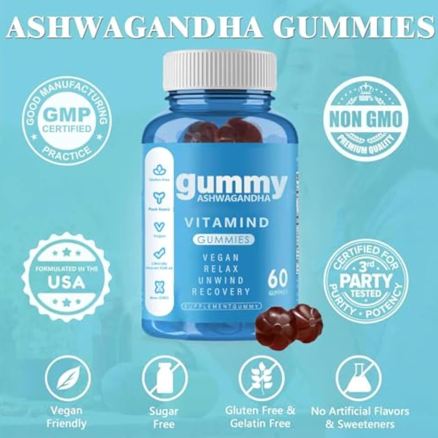 60 Count Nainur Ashwagandha Gummies with KSM-66 for Relaxation - Vegan, Plant Based, Non-GMO, Gluten-Free & Gelatin Free Mixed Berry Gummy
