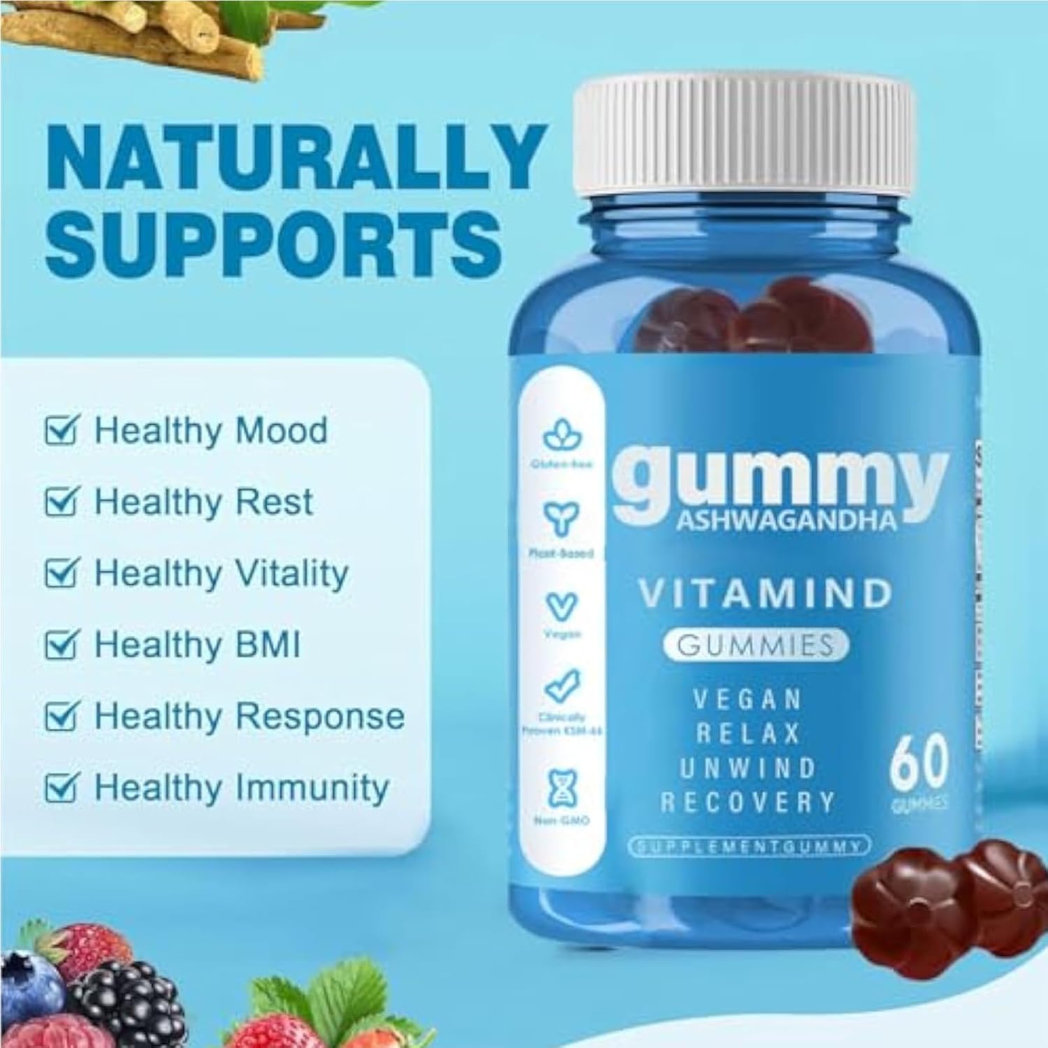 60 Count Nainur Ashwagandha Gummies with KSM-66 for Relaxation - Vegan, Plant Based, Non-GMO, Gluten-Free & Gelatin Free Mixed Berry Gummy