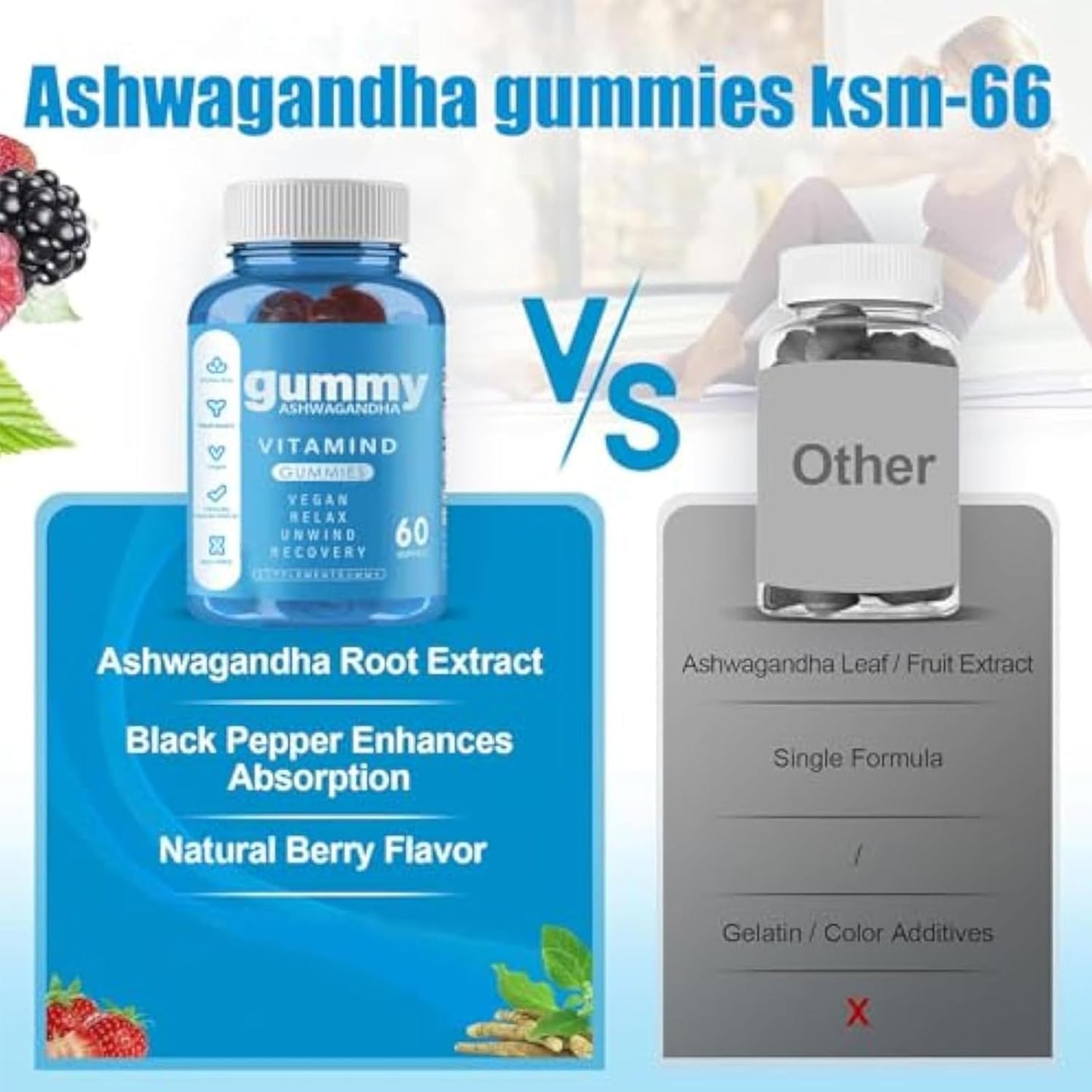 60 Count Nainur Ashwagandha Gummies with KSM-66 for Relaxation - Vegan, Plant Based, Non-GMO, Gluten-Free & Gelatin Free Mixed Berry Gummy