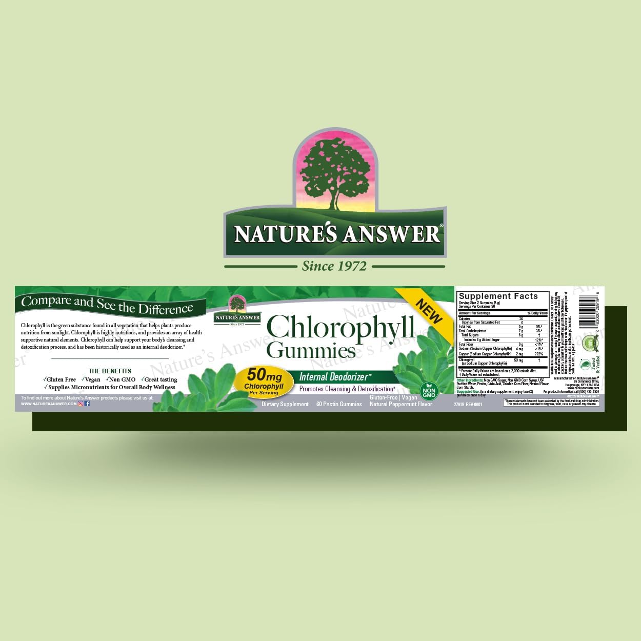 60 Count Nature's Answer Chlorophyll Gummies for Internal Deodorant, Skin & Hair Support, and Immune Support - Gelatin Free and Non GMO