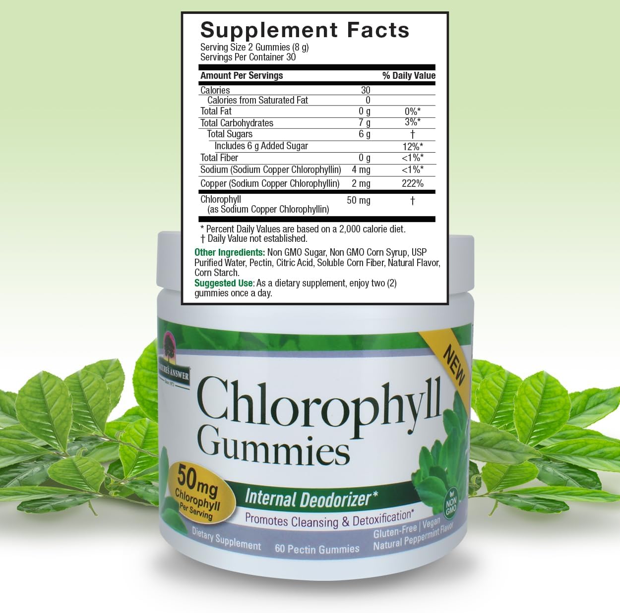 60 Count Nature's Answer Chlorophyll Gummies for Internal Deodorant, Skin & Hair Support, and Immune Support - Gelatin Free and Non GMO
