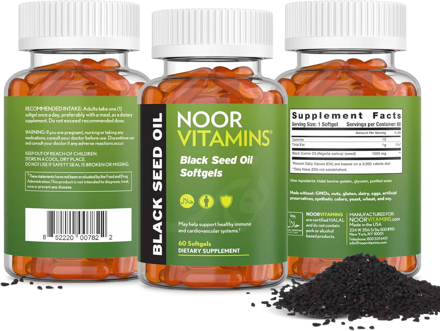 60 Count Noor Vitamins Halal Black Seed Oil Capsules - 1000 mg Nigella Sativa Oil with Thymoquinone - Non-GMO & Gluten Free - Halal Vitamins