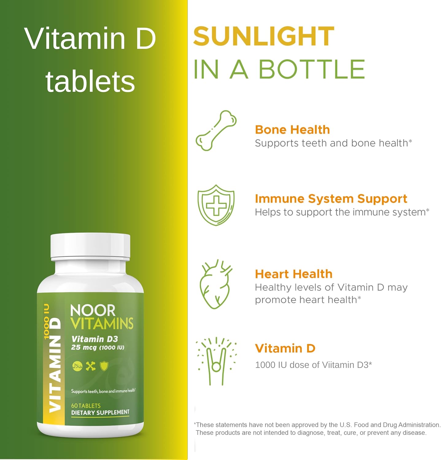 60 Count Noor Vitamins Halal Vitamin D & D3 Tablets - 1000 IU for Bone, Immune, & Heart Health - Non-GMO & Gluten Free