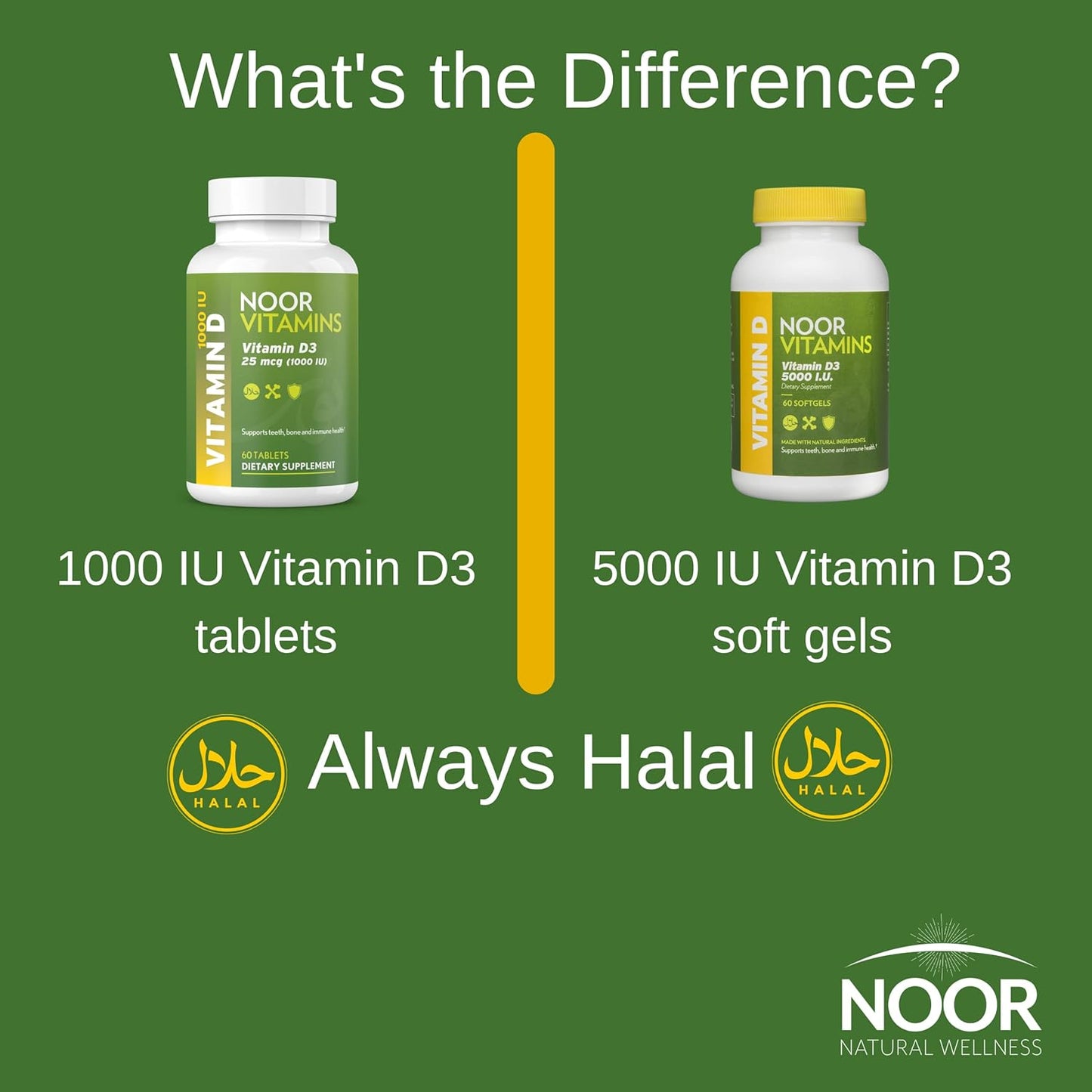 60 Count Noor Vitamins Halal Vitamin D & D3 Tablets - 1000 IU for Bone, Immune, & Heart Health - Non-GMO & Gluten Free