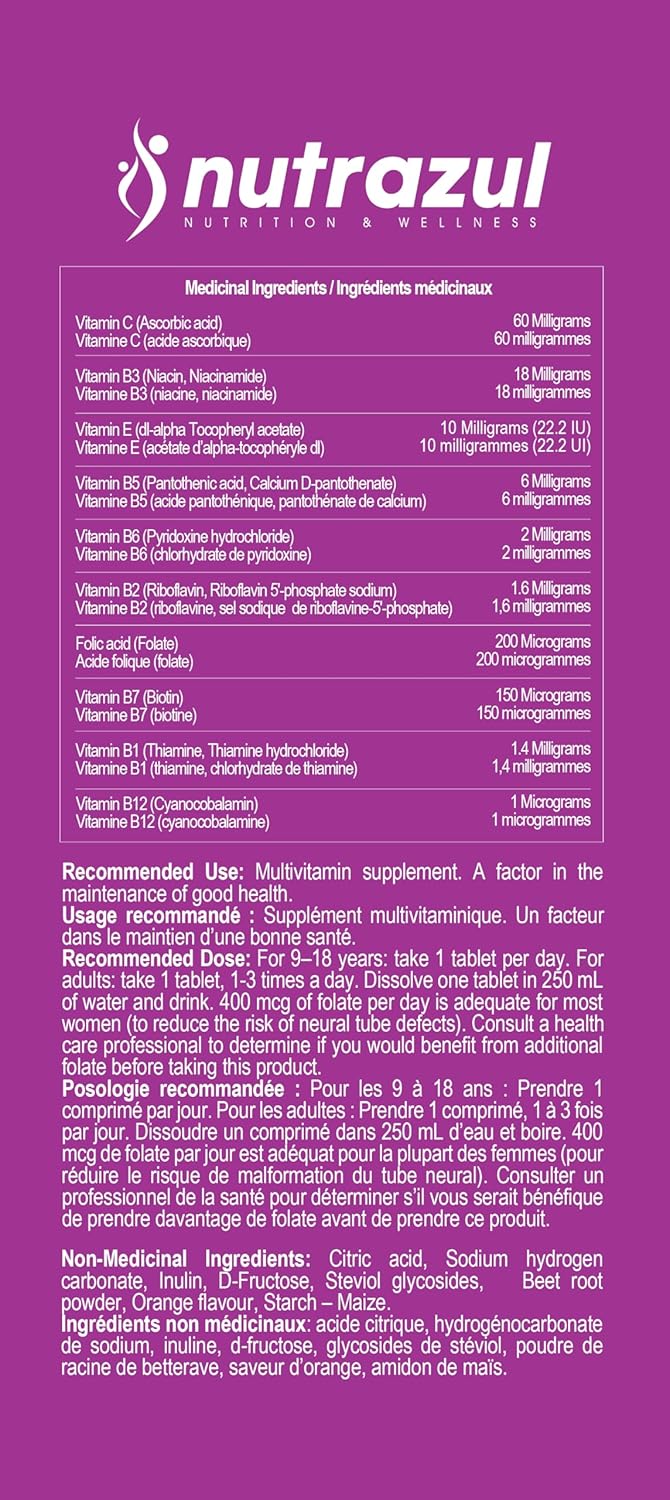 60 Count nutrazul Multivitamin Effervescent Tablets for Immune Support with 9 Essential Vitamins - Orange Flavor for Adults & Kids