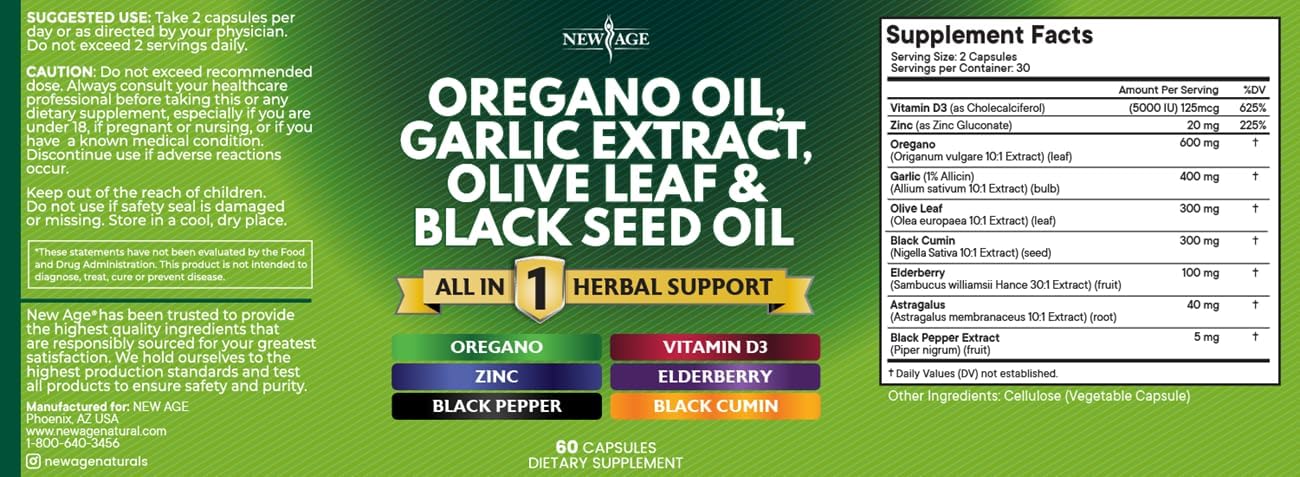 60 Count Oregano Oil Garlic Extract Olive Leaf with Astragalus Supplement for Women and Men - New Age Formula