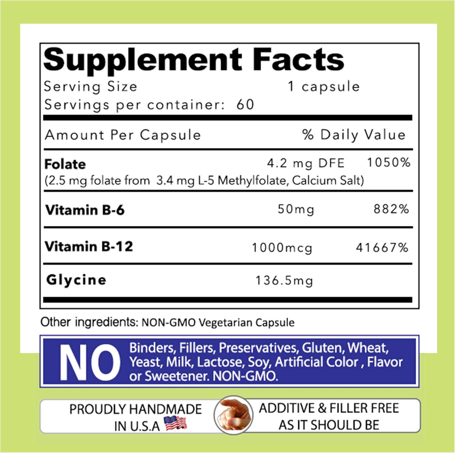 60 Count Our Daily Vites L-Methylfolate B Complex with Essential Amino Acids - Active Folate, Methylated B12, B6, & Glycine - 2.5mg
