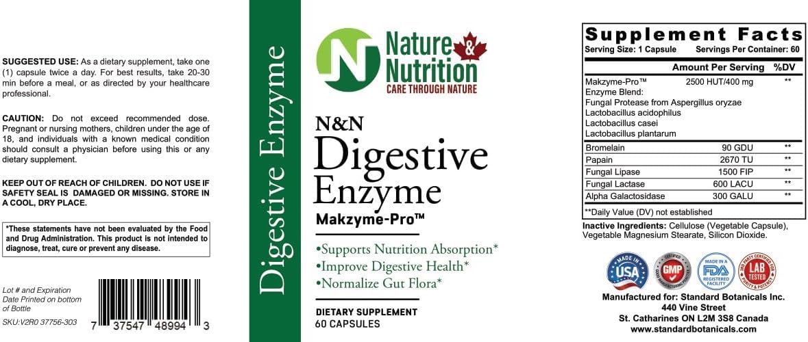 60 Count Pack of 1 Nature & Nutrition Digestive Enzyme Supplement - MakZyme-Pro TM