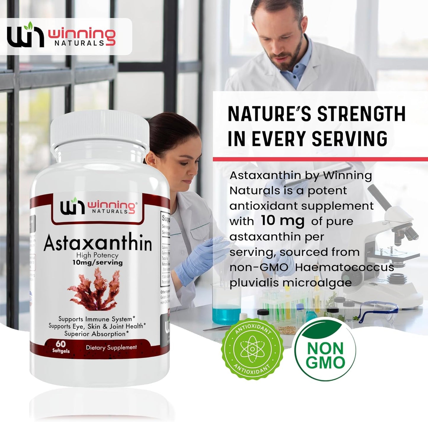 60 Count Pack of 1 Winning Naturals Astaxanthin 10 mg Softgels for Enhanced Antioxidant Support