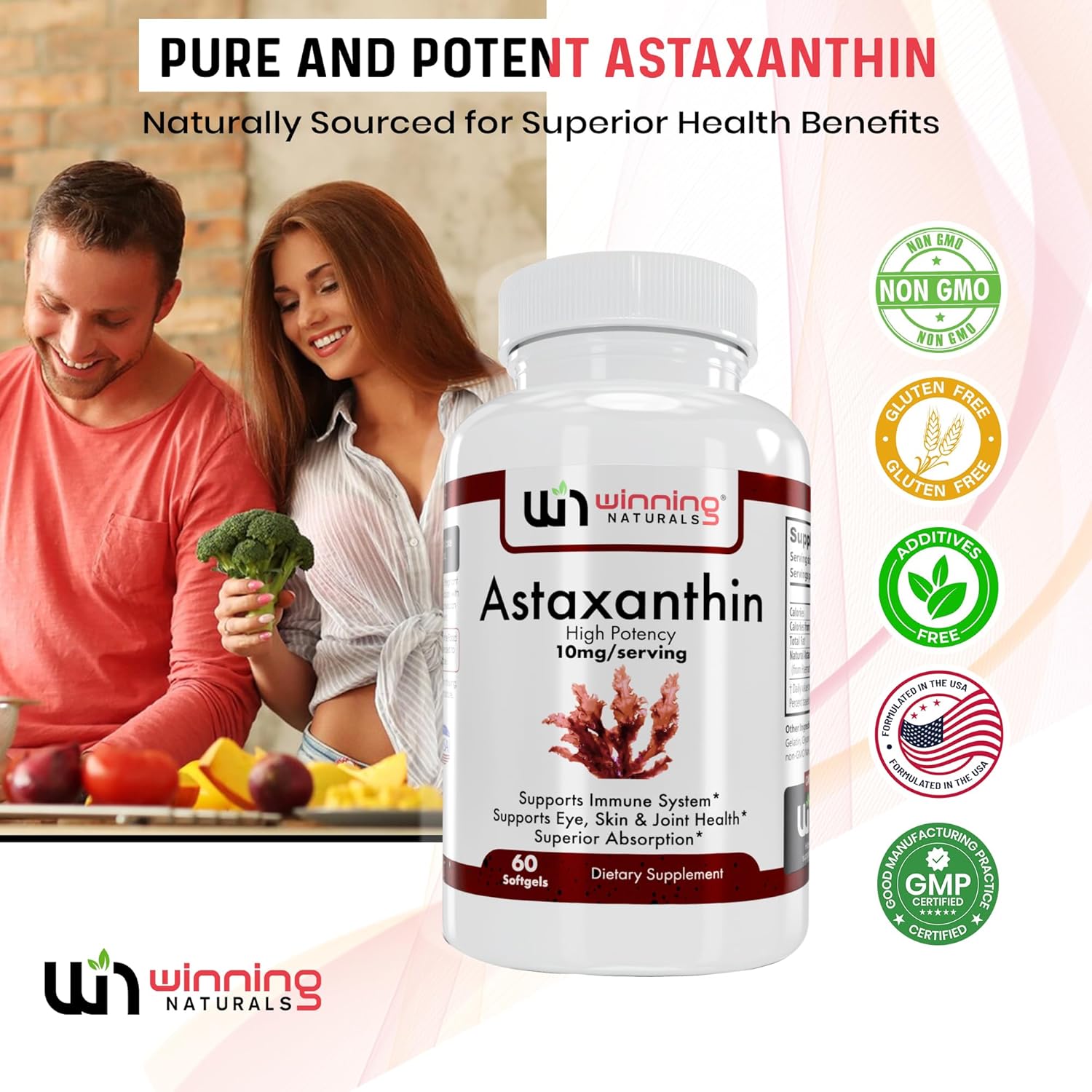 60 Count Pack of 1 Winning Naturals Astaxanthin 10 mg Softgels for Enhanced Antioxidant Support