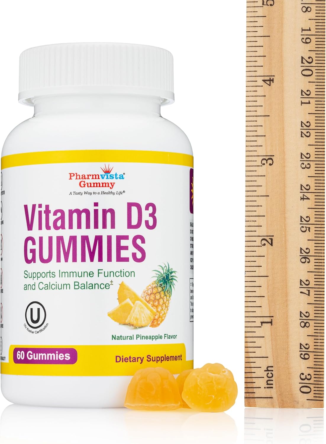 60 Count Pharmvista Vitamin D3 Gummies - Gluten-Free Pineapple Flavored Gummy Vitamins