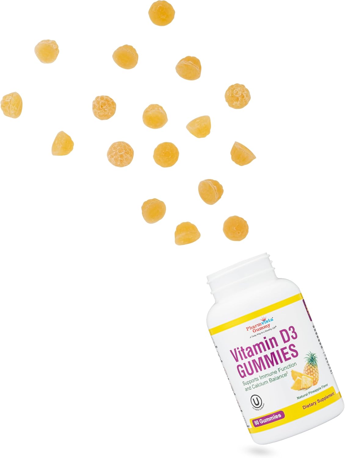 60 Count Pharmvista Vitamin D3 Gummies - Gluten-Free Pineapple Flavored Gummy Vitamins