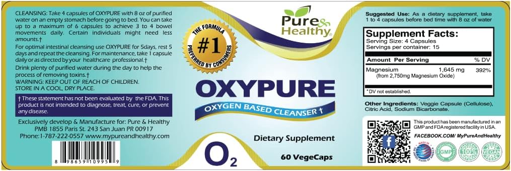 60 Count Pure Oxypure Magnesium Oxide Colon Cleanser Capsules with Sodium Bicarbonate