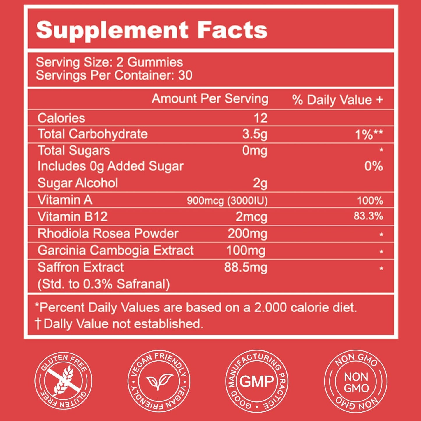 60 Count Saffron Gummies with Garcinia Cambogia, Vitamin A, B12, Rhodiola Rosea - Mood & Energy Support