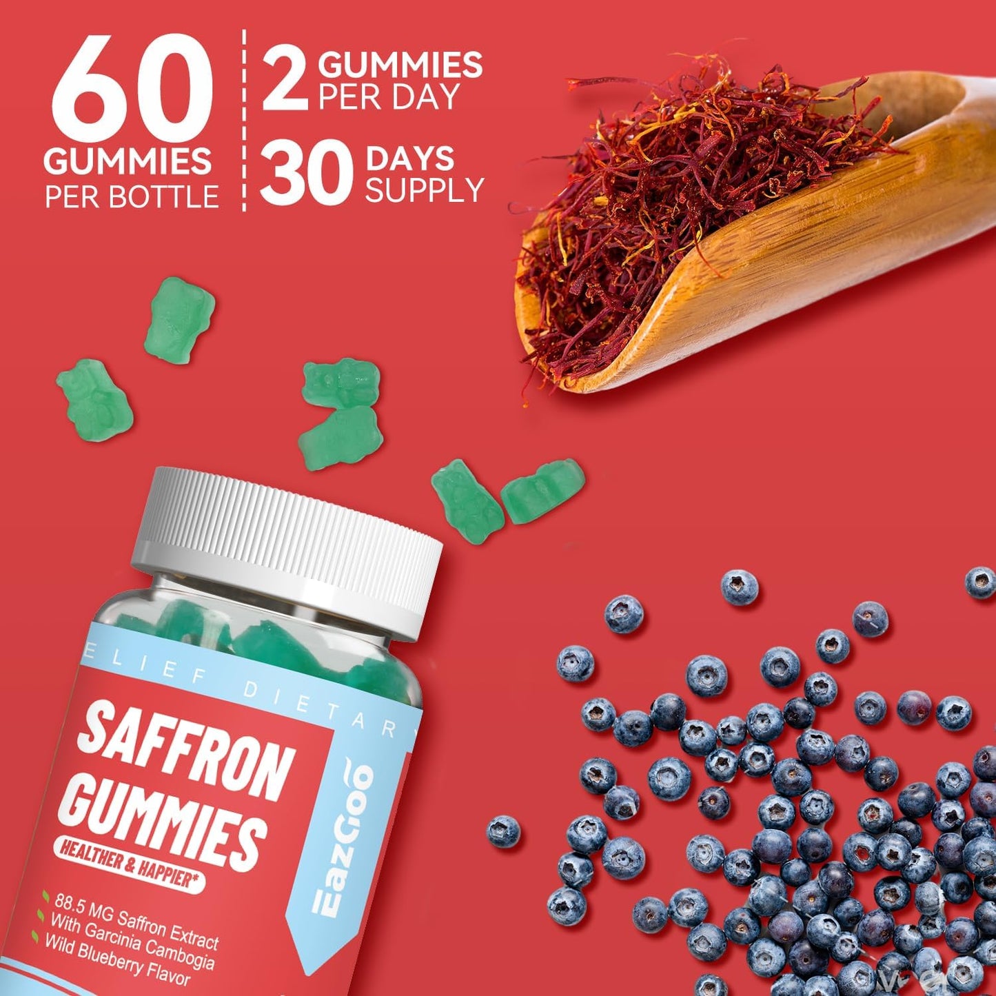 60 Count Saffron Gummies with Garcinia Cambogia, Vitamin A, B12, Rhodiola Rosea - Mood & Energy Support
