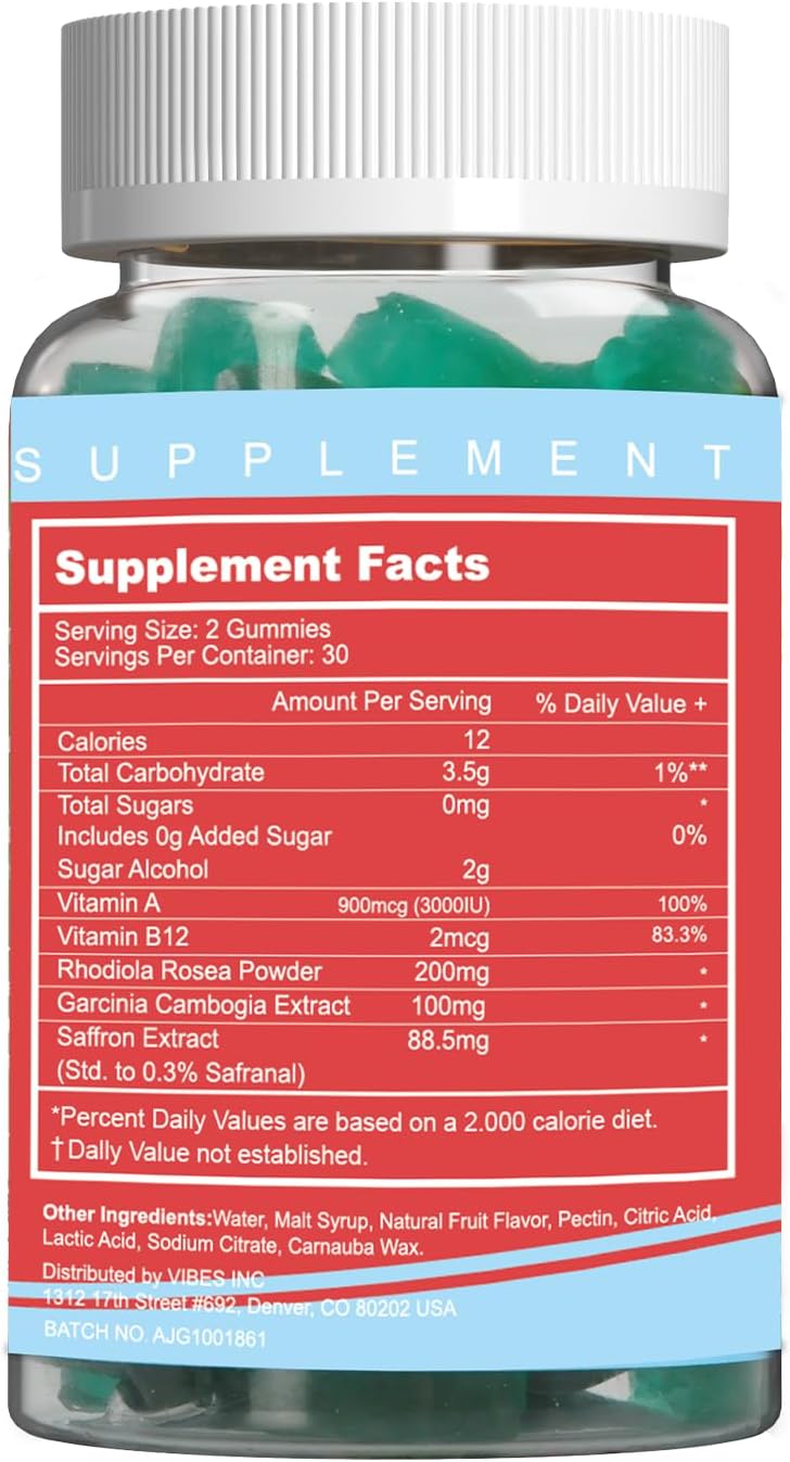 60 Count Saffron Gummies with Garcinia Cambogia, Vitamin A, B12, Rhodiola Rosea - Mood & Energy Support