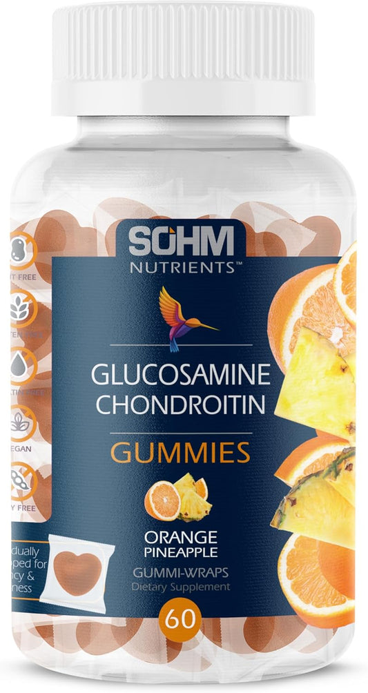 60 Count SOHM Glucosamine and Chondroitin Gummies for Joint and Bone Health - Pineapple and Orange Flavored, Individually Wrapped, Vegetarian Formula for Men and Women
