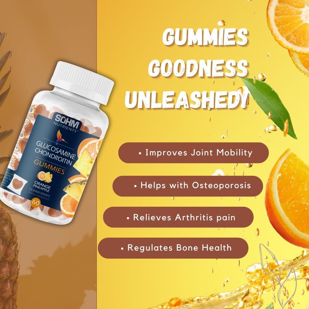 60 Count SOHM Glucosamine and Chondroitin Gummies for Joint and Bone Health - Pineapple and Orange Flavored, Individually Wrapped, Vegetarian Formula for Men and Women
