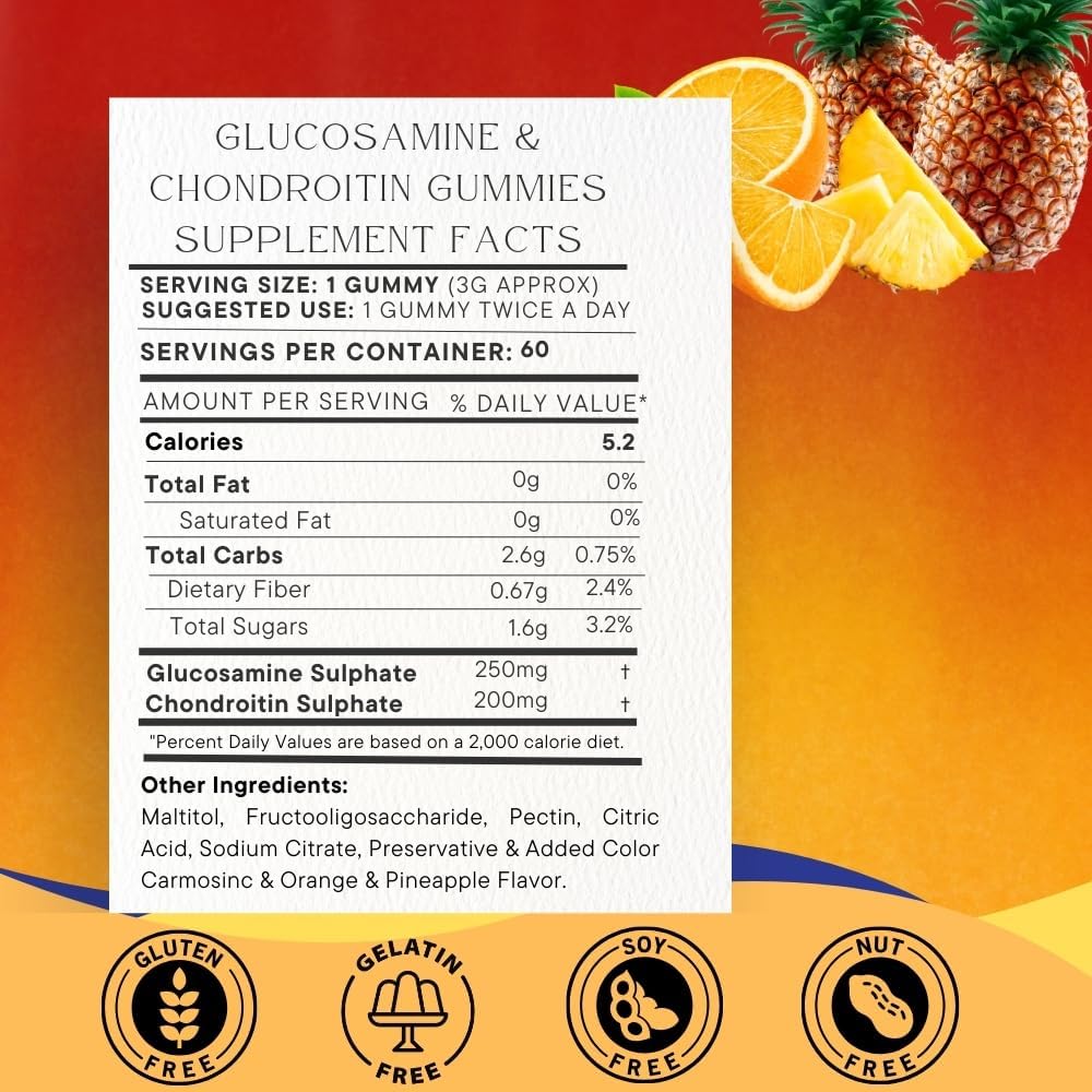 60 Count SOHM Glucosamine and Chondroitin Gummies for Joint and Bone Health - Pineapple and Orange Flavored, Individually Wrapped, Vegetarian Formula for Men and Women