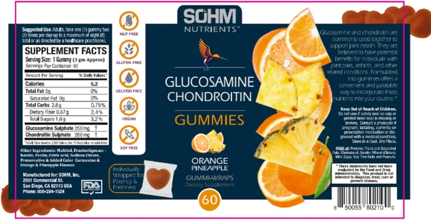 60 Count SOHM Glucosamine and Chondroitin Gummies for Joint and Bone Health - Pineapple and Orange Flavored, Individually Wrapped, Vegetarian Formula for Men and Women