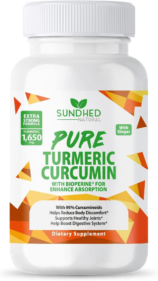 60 Count Sundhed Natural Pure Turmeric Curcumin Capsules - High Potency 95% Standardized Curcuminoids - Supports Joint Health and Wellness - Turmeric Pills for Overall Wellbeing