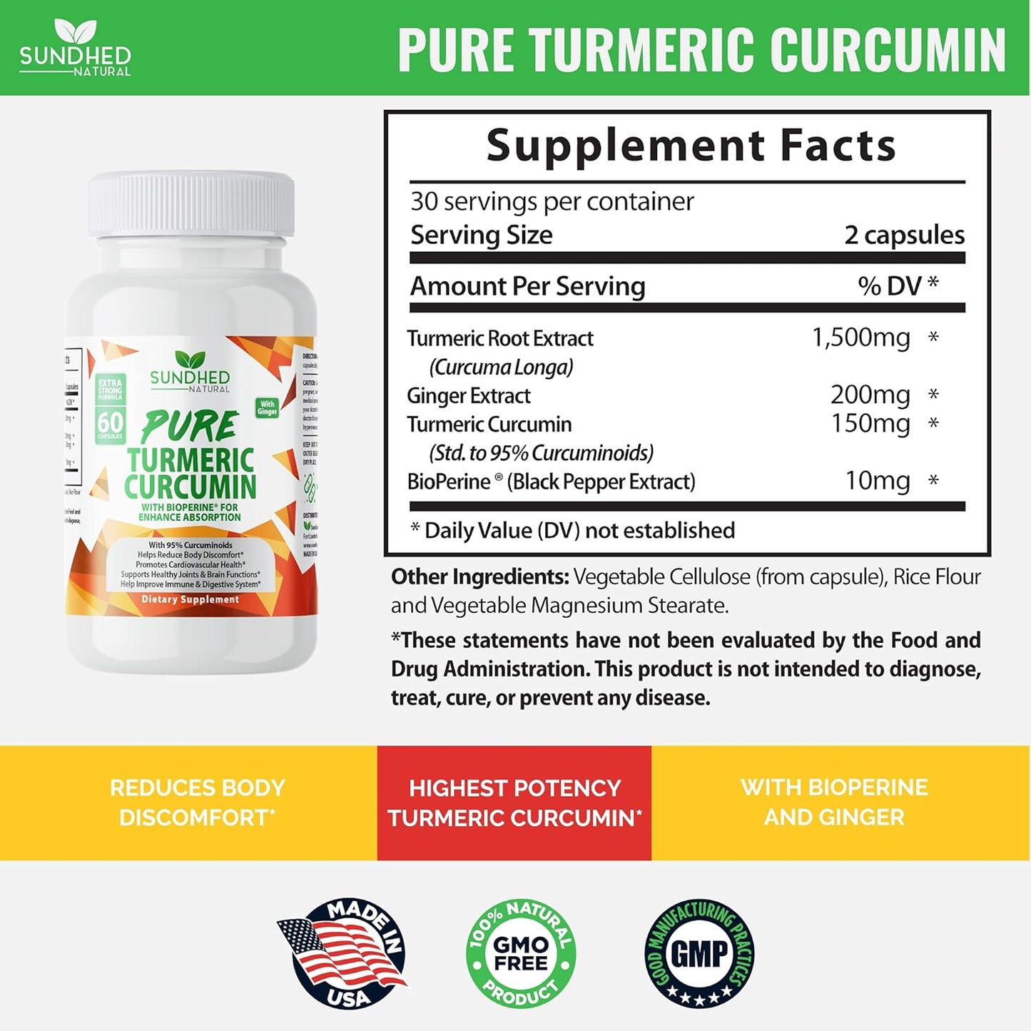60 Count Sundhed Natural Pure Turmeric Curcumin Capsules - High Potency 95% Standardized Curcuminoids - Supports Joint Health and Wellness - Turmeric Pills for Overall Wellbeing