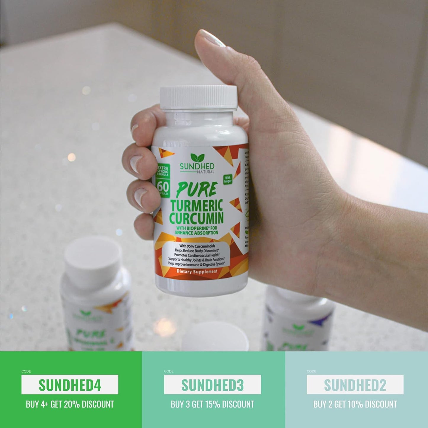 60 Count Sundhed Natural Pure Turmeric Curcumin Capsules - High Potency 95% Standardized Curcuminoids - Supports Joint Health and Wellness - Turmeric Pills for Overall Wellbeing
