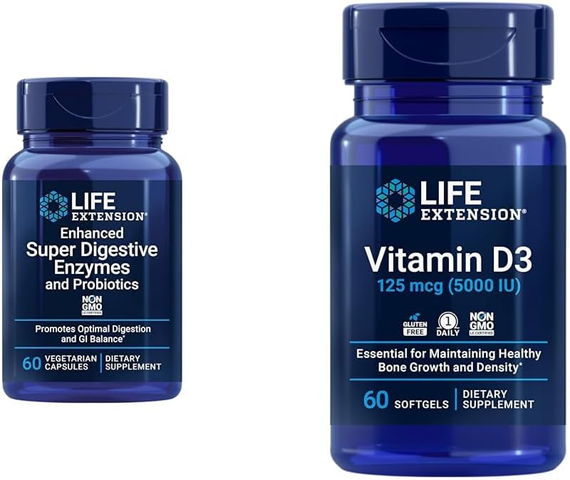 60-Count Super Digestive Enzymes & 5000 IU Vitamin D3 Capsules for Optimal Digestion, Bone Health, Brain Function, and Immune Support