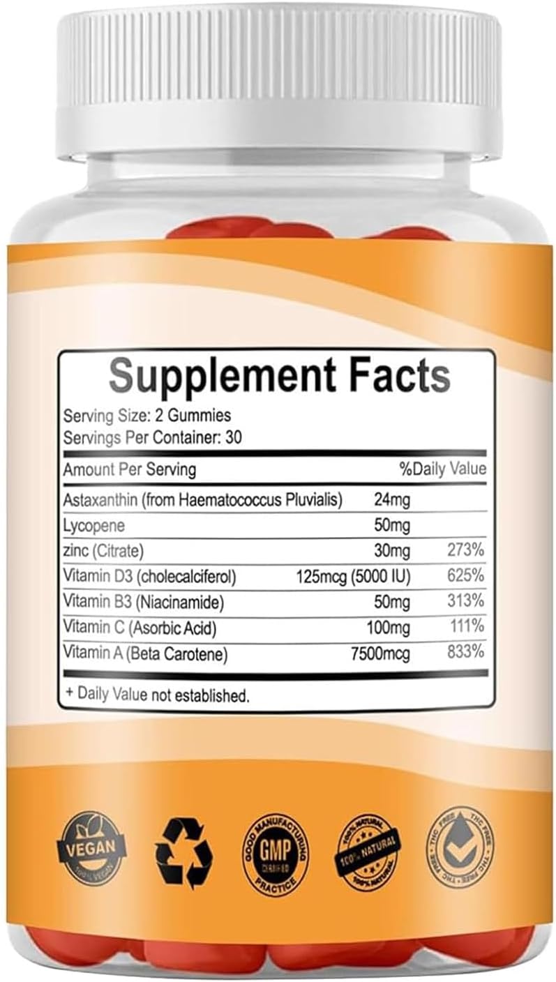 60 Count TAFUTY Super Tanning Gummies with Beta-Carotene, Lycopene, & Astaxanthin - Vegan & Non-GMO Natural Tanning Supplement for Skin Health & Glow