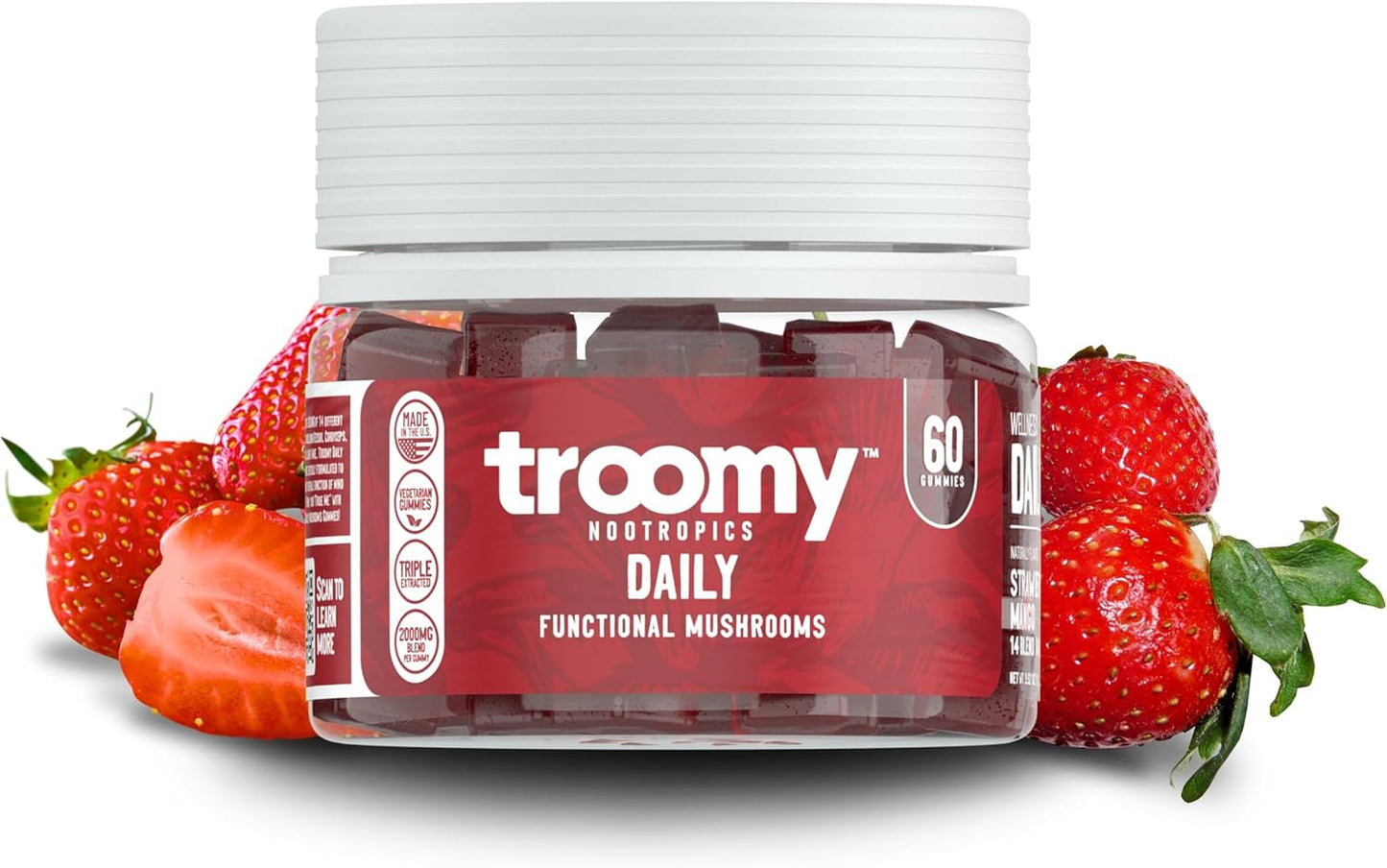 60-Count Troomy Daily Mushroom Blend Gummies: Mango Strawberry Flavor, Vegetarian, Gelatin-Free, Gluten-Free