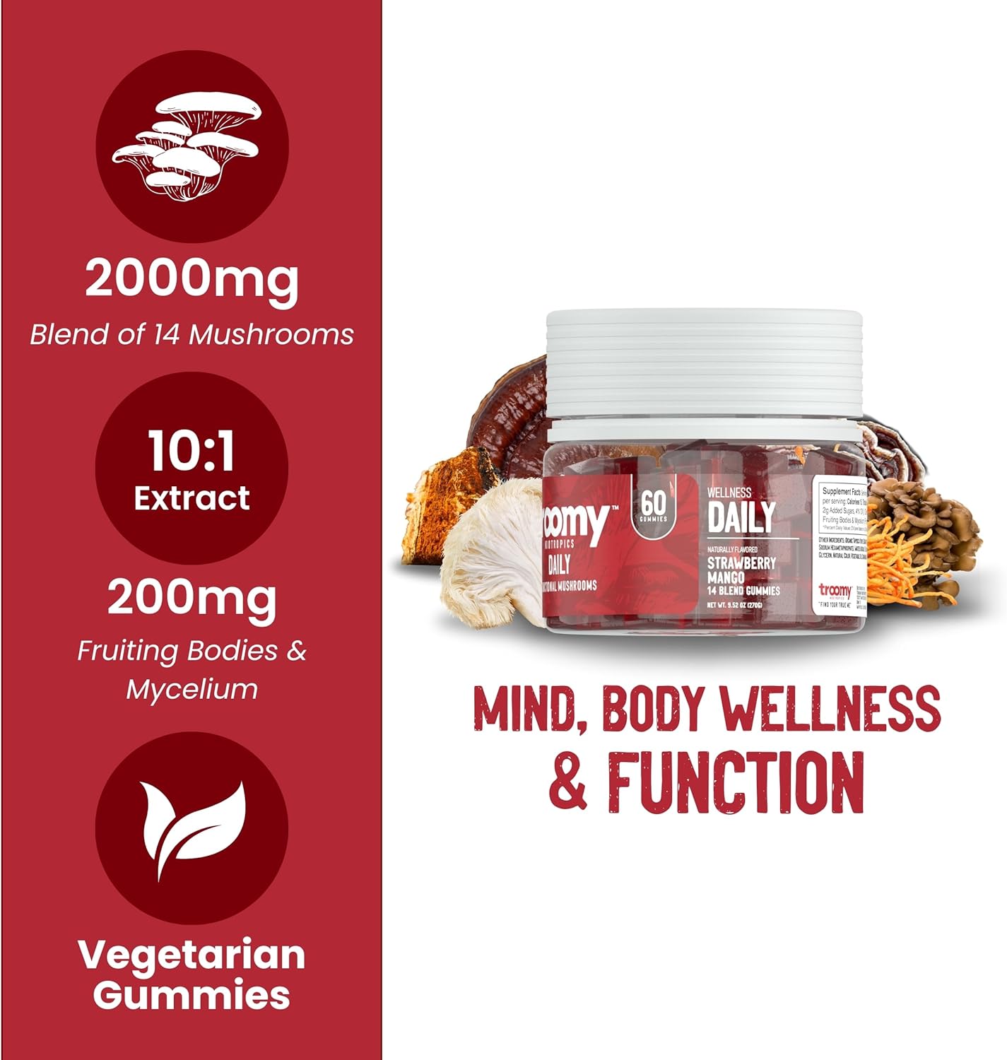 60-Count Troomy Daily Mushroom Blend Gummies: Mango Strawberry Flavor, Vegetarian, Gelatin-Free, Gluten-Free