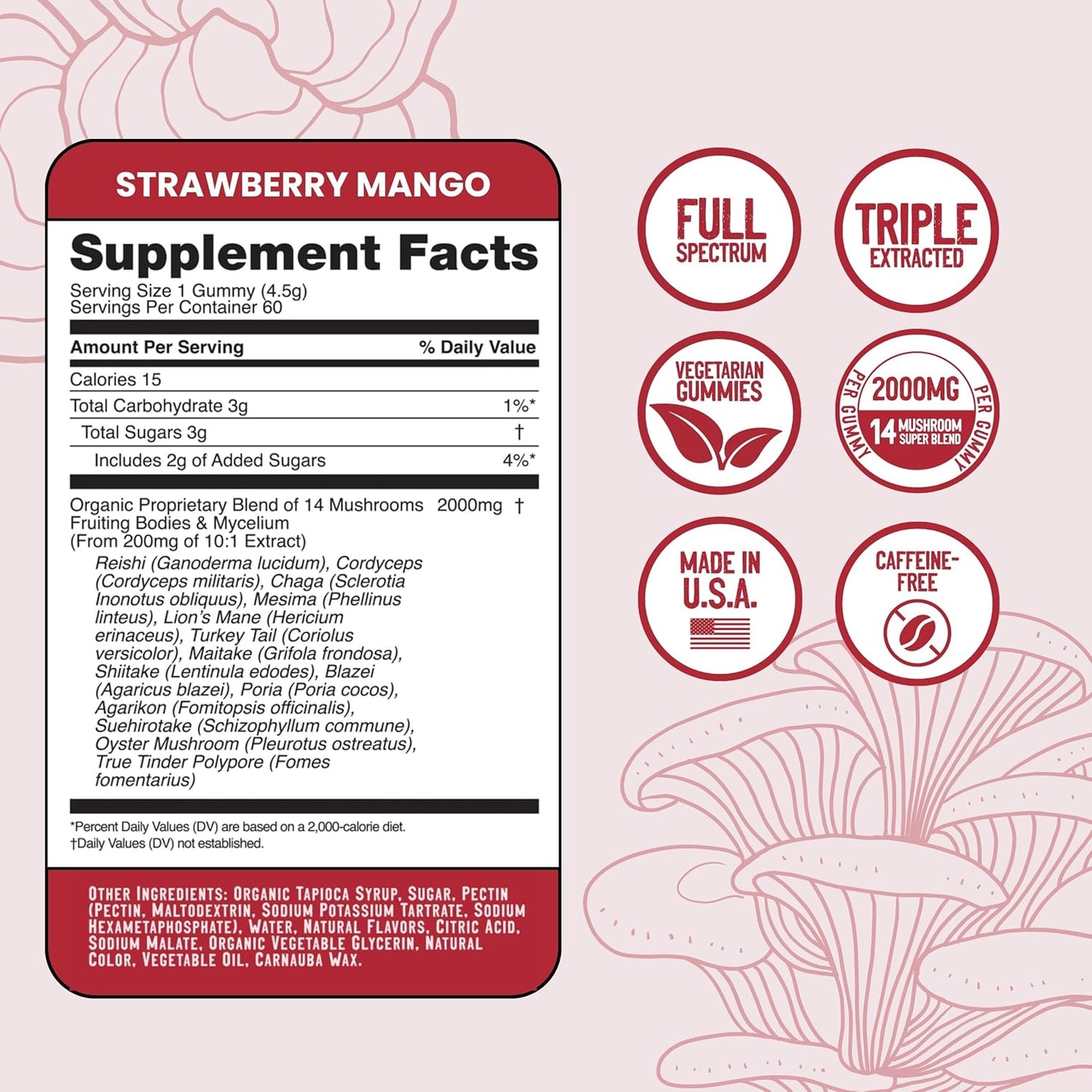 60-Count Troomy Daily Mushroom Blend Gummies: Mango Strawberry Flavor, Vegetarian, Gelatin-Free, Gluten-Free