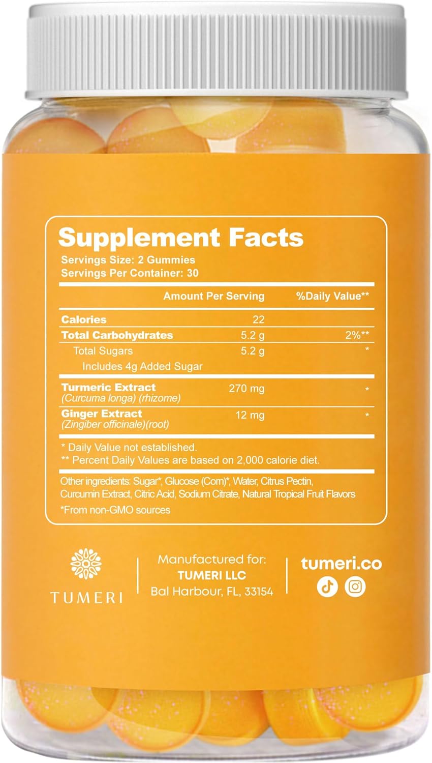 60 Count TUMERI Turmeric Curcumin Joint Support Gummies with Ginger - Natural Tropical Fruit Flavored Vegan Supplement