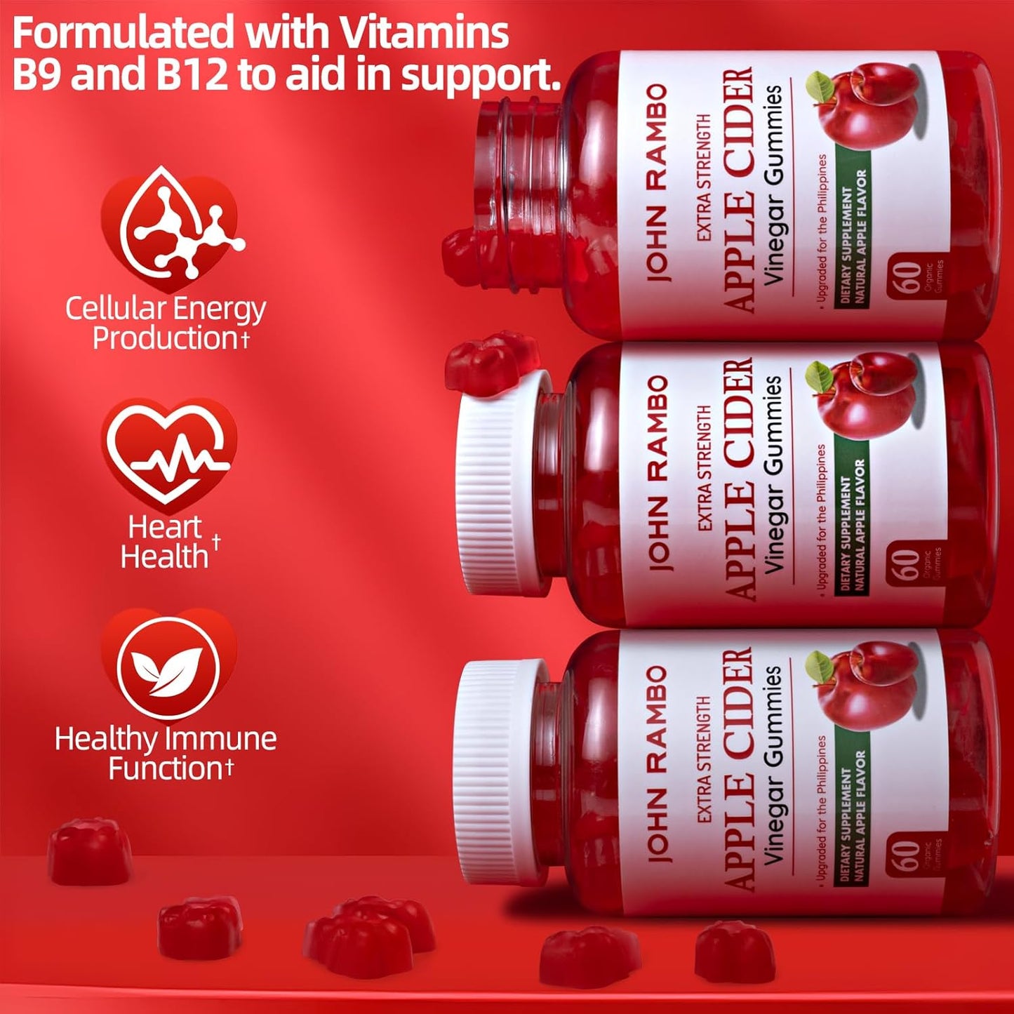 60 Count Vegan Apple Cider Vinegar Gummies for Gut Health - Non-GMO with Vitamin B12, B6, Beet Root & Pomegranate - Energy & Detox Support