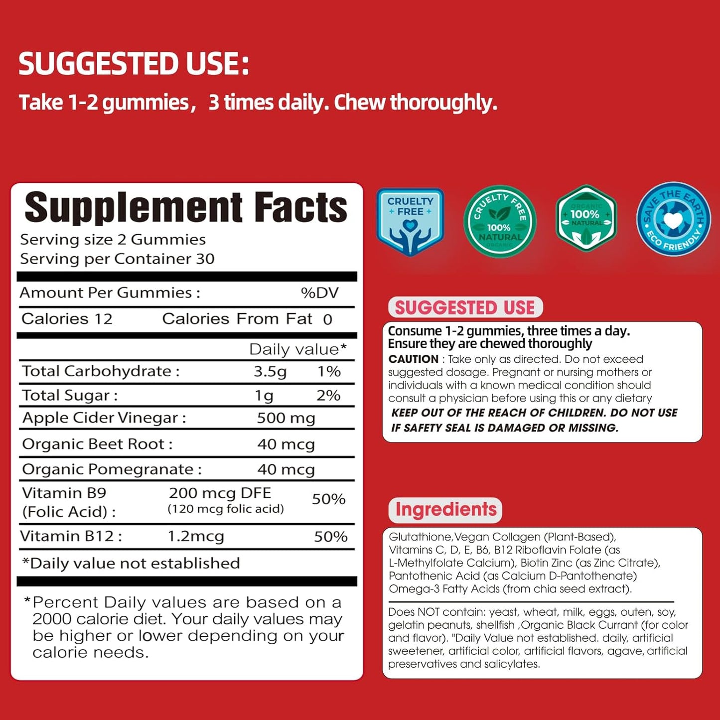 60 Count Vegan Apple Cider Vinegar Gummies for Gut Health - Non-GMO with Vitamin B12, B6, Beet Root & Pomegranate - Energy & Detox Support