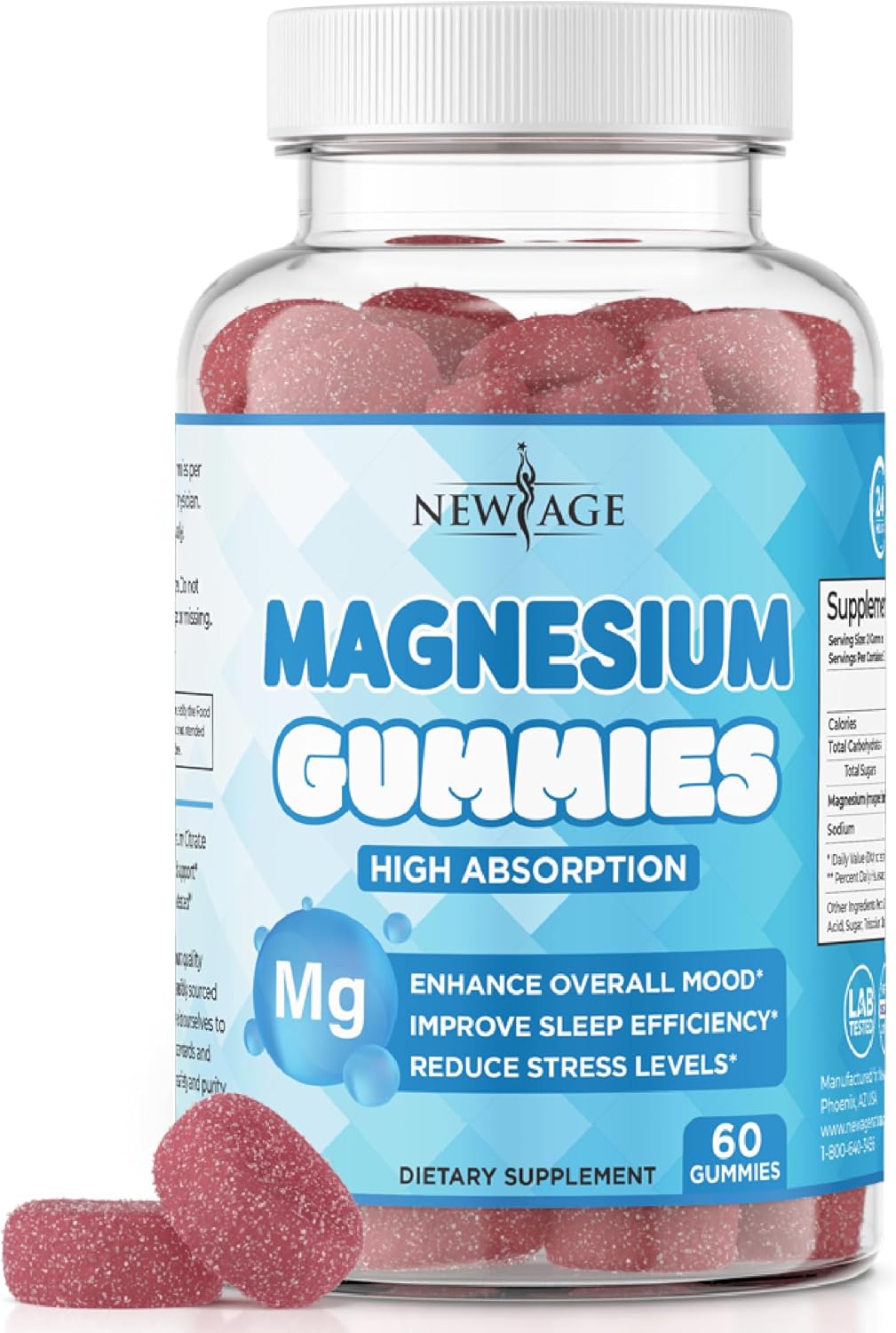 60 Count Vegan Magnesium Gummies for Adults and Kids - Natural Raspberry Flavor, Stress Relief, Gluten-Free & Non-GMO - New Age
