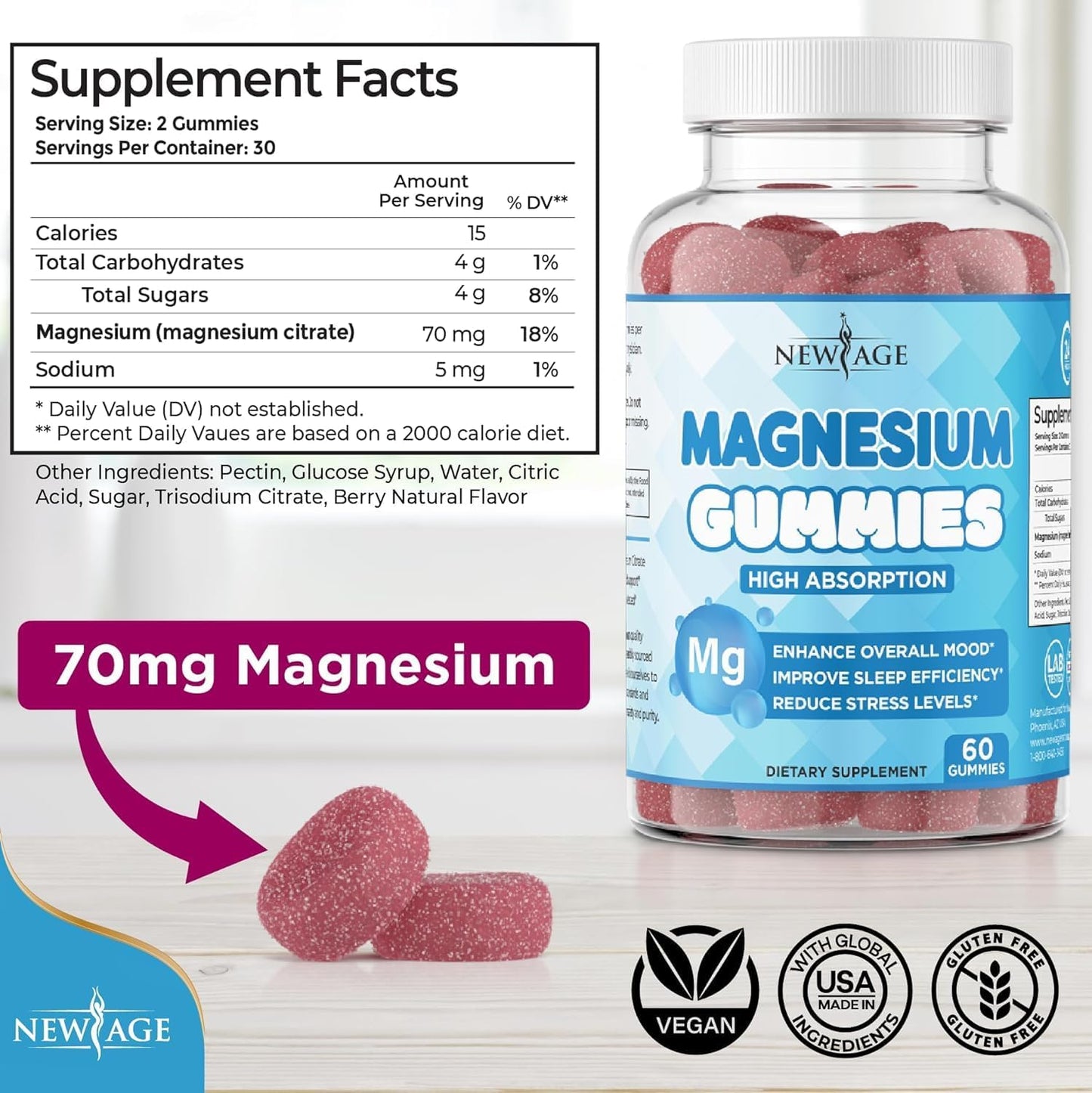 60 Count Vegan Magnesium Gummies for Adults and Kids - Natural Raspberry Flavor, Stress Relief, Gluten-Free & Non-GMO - New Age