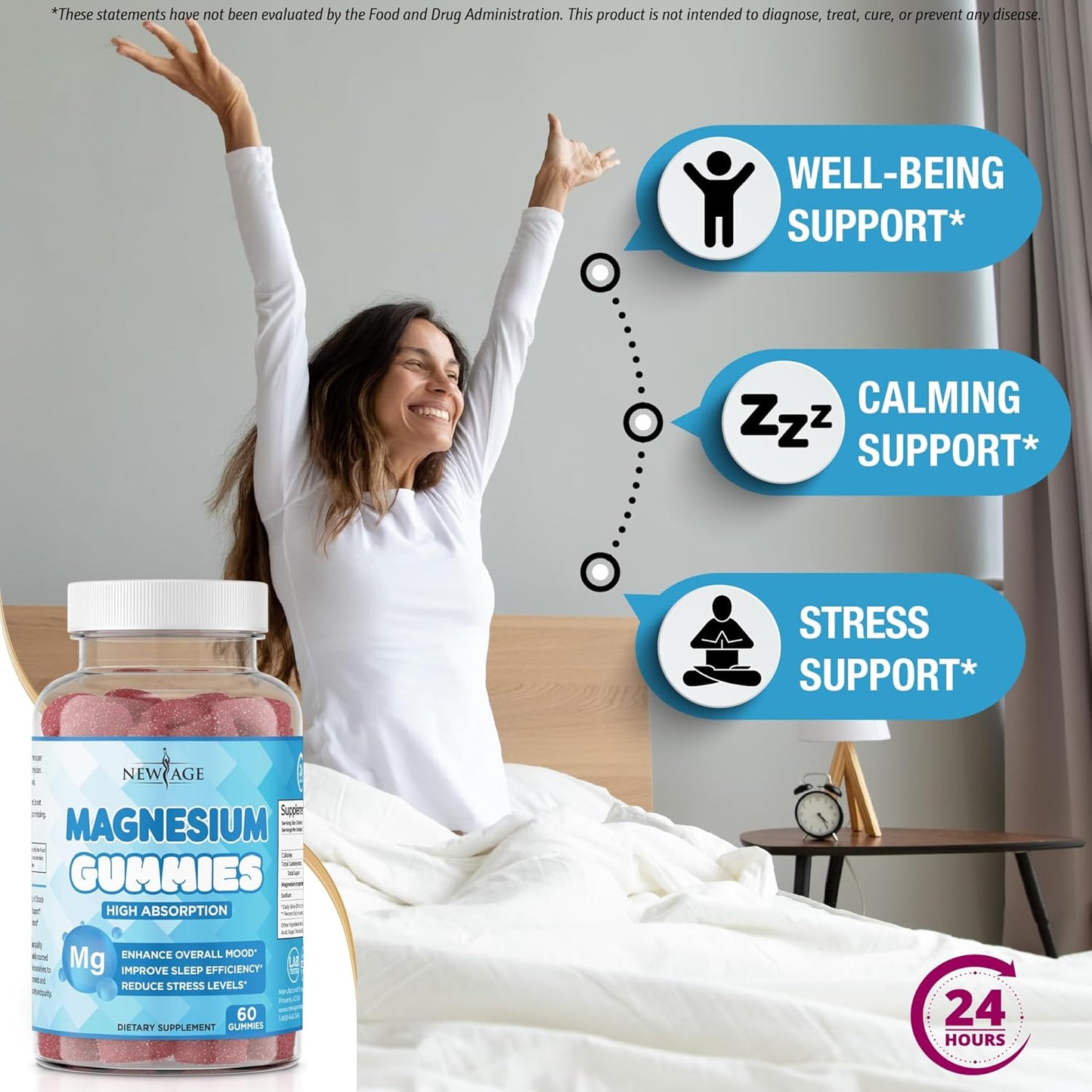 60 Count Vegan Magnesium Gummies for Adults and Kids - Natural Raspberry Flavor, Stress Relief, Gluten-Free & Non-GMO - New Age