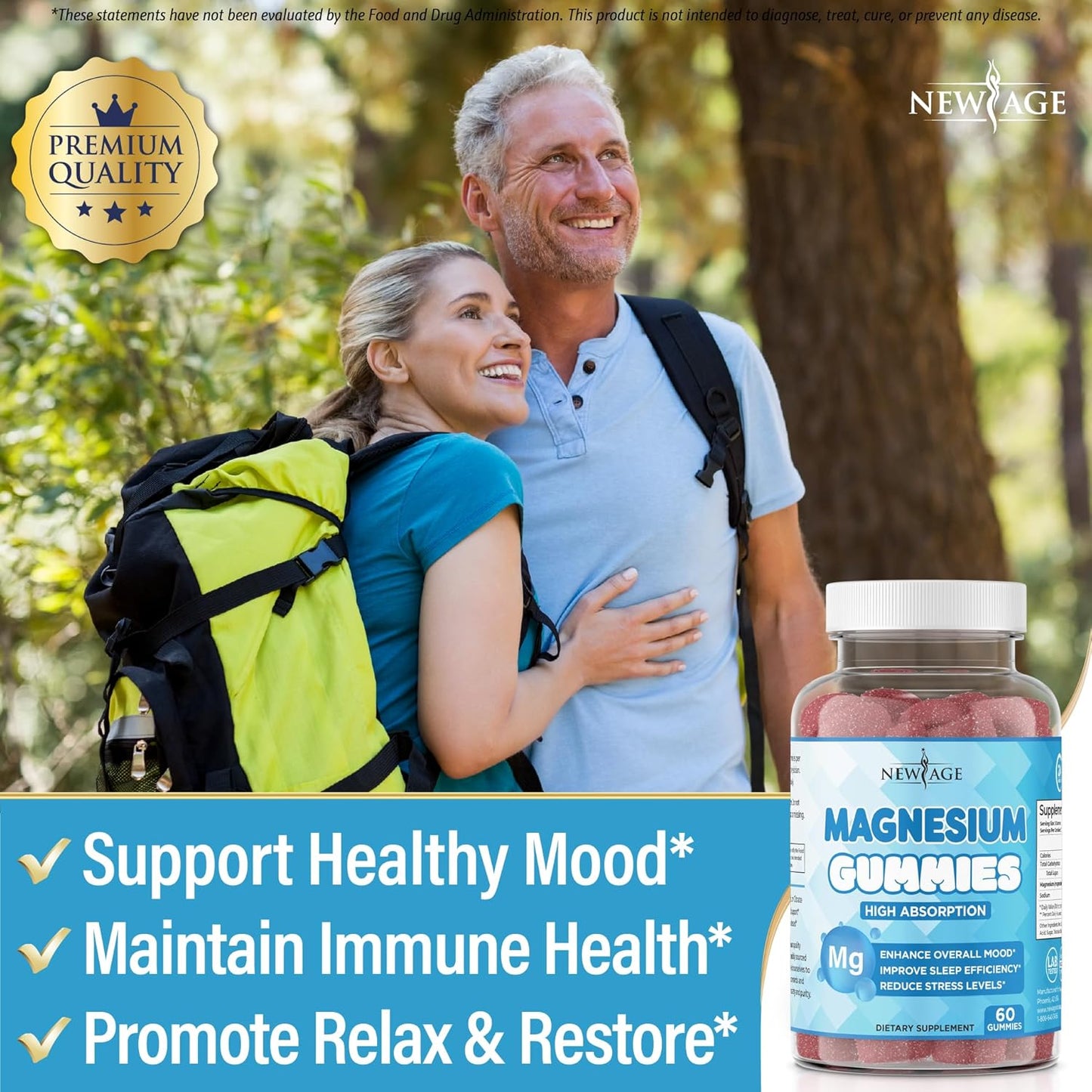 60 Count Vegan Magnesium Gummies for Adults and Kids - Natural Raspberry Flavor, Stress Relief, Gluten-Free & Non-GMO - New Age