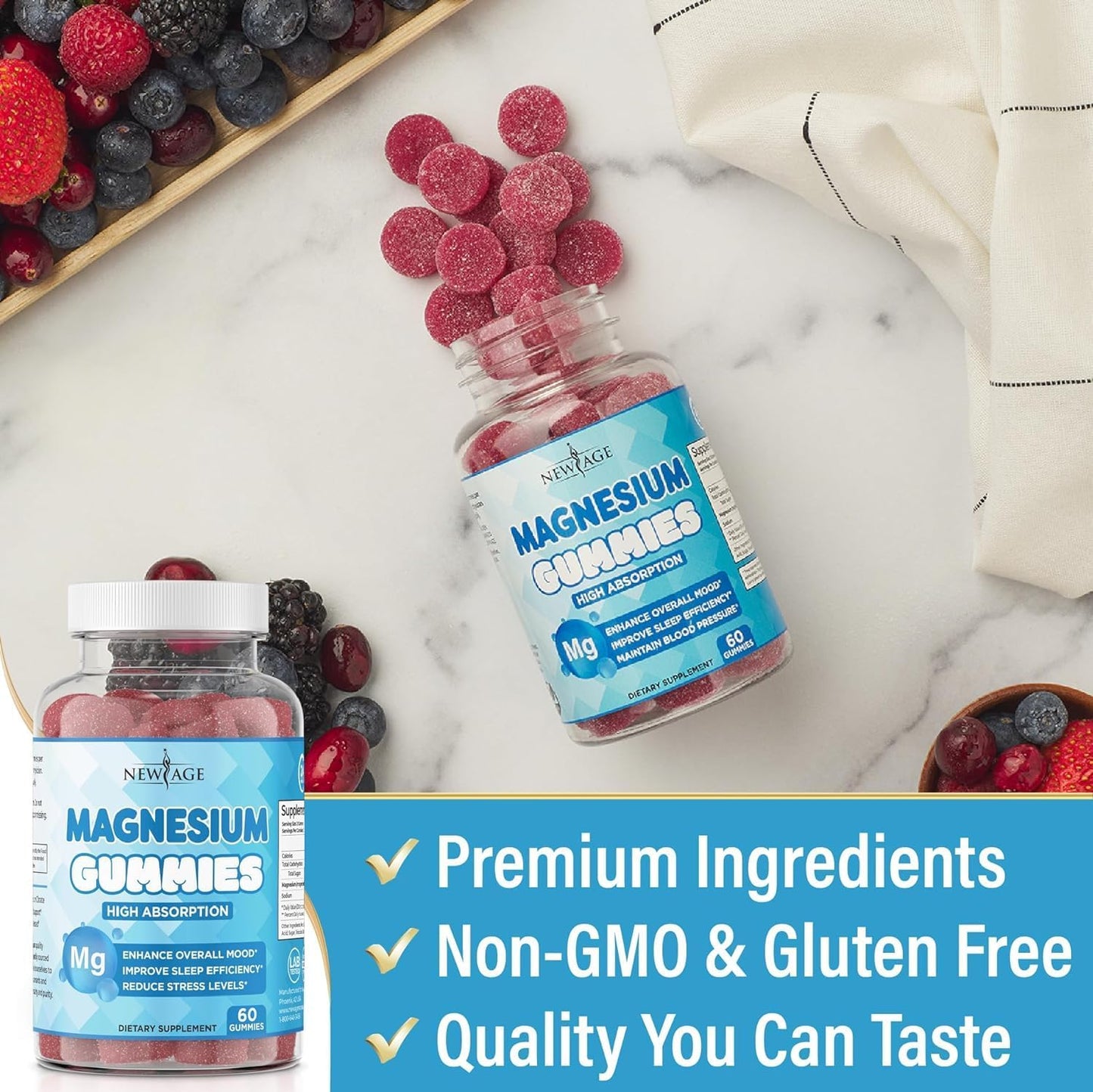 60 Count Vegan Magnesium Gummies for Adults and Kids - Natural Raspberry Flavor, Stress Relief, Gluten-Free & Non-GMO - New Age